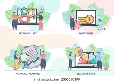 Set of design templates for SEO business composition with people characters. Modern vector illustration concepts. perfect for web design, banner, mobile app, landing page.