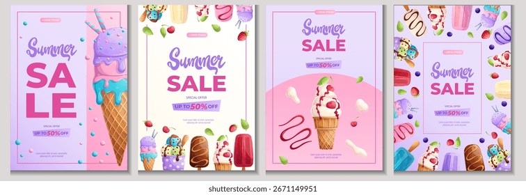 Eine Reihe von Design-Vorlagen für einen Sommer-Rabatt-Flyer mit verschiedenen Arten von Eis. Das Konzept der Sommer-, Sommer-Verkauf. Vektorgrafik im A4-Format für Poster, Banner, Werbung
