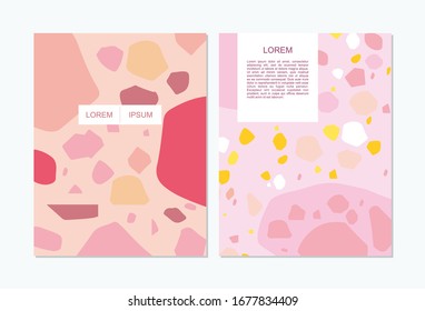 Set of design templates with terrazzo texture in pastel pink colors. Covers, invitations, flyers, newsletter, poster, greeting cards, packaging. Vector  Handdrawn illustration.