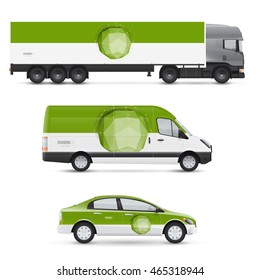 Set of design templates for transport. Mockup of passenger car, bus and van. Branding for advertising and corporate identity. Graphics elements with abstract polygonal sphere.