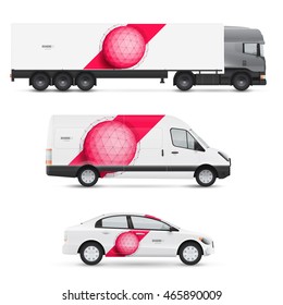 Set of design templates for transport. Mockup of passenger car, bus and van. Branding for advertising and corporate identity. Graphics elements with abstract polygonal sphere.