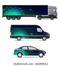 Set of design templates for transport. Mockup of passenger car, bus and van. Branding for advertising and corporate identity. Graphics elements with abstract polygonal sphere.