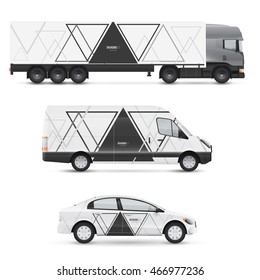 Set of design templates for transport. Mockup of passenger car, bus and van. Branding for advertising and corporate identity. Graphics elements with triangles.