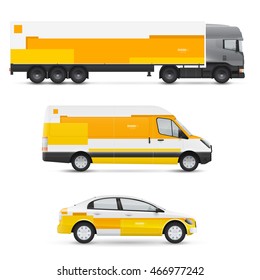 Set of design templates for transport. Mockup of passenger car, bus and van. Branding for advertising and corporate identity. Graphics elements with geometric shapes.
