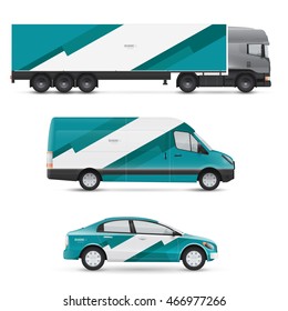 Set of design templates for transport. Mockup of passenger car, bus and van. Branding for advertising and corporate identity. Graphics elements with geometric shapes.