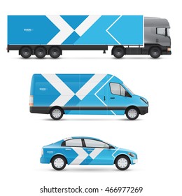 Set of design templates for transport. Mockup of passenger car, bus and van. Branding for advertising and corporate identity. Graphics elements with geometric shapes.