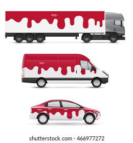 Set of design templates for transport. Mockup of passenger car, bus and van. Branding for advertising and corporate identity. Graphics elements with red liquid.