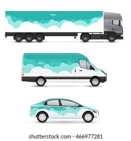 Set of design templates for transport. Mockup of passenger car, bus and van. Branding for advertising and corporate identity. Graphics elements with clouds.
