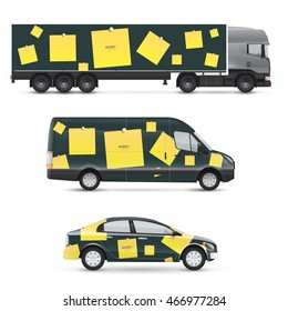 Set of design templates for transport. Mockup of passenger car, bus and van. Branding for advertising and corporate identity. Graphics elements with yellow paper stickers.