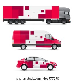 Set of design templates for transport. Mockup of passenger car, bus and van. Branding for advertising and corporate identity. Graphics elements with geometric shapes.