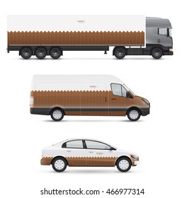 Set of design templates for transport. Mockup of passenger car, bus and van. Branding for advertising and corporate identity. Graphics elements with wooden fence.
