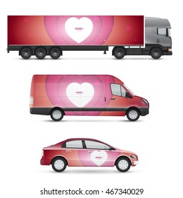 Set of design templates for transport. Mockup of passenger car, bus and van. Branding for advertising and corporate identity. Graphics elements with heart.