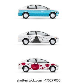 Set of design templates for transport. Mockup of white passenger car. Branding for advertising and corporate identity.