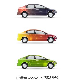 Set of design templates for transport. Mockup of white passenger car. Branding for advertising and corporate identity.