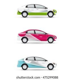 Set of design templates for transport. Mockup of white passenger car. Branding for advertising and corporate identity.