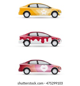 Set of design templates for transport. Mockup of white passenger car. Branding for advertising and corporate identity.