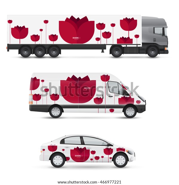 Set of design templates for\
transport. Mockup of passenger car, bus and van. Branding for\
advertising and corporate identity. Graphics elements with red\
flower.