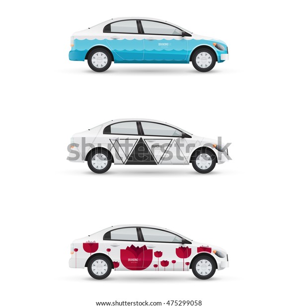 Set of\
design templates for transport. Mockup of white passenger car.\
Branding for advertising and corporate\
identity.