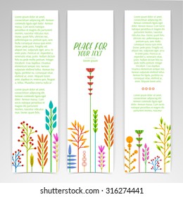 A set of design templates vertical banners with decoration geometric frame of flowers, plants, twigs, berries in a modern, ethnic style. Good for invitations, posters, postcards. Place for your text.