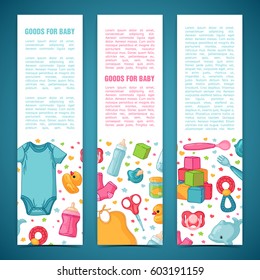 Set of design templates for vertical banners with childhood's patterns. Newborn staff for decorating flyers. Clothes, toys, accessories for babies. Vector.
