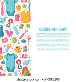 Set of design templates for vertical banners with childhood's patterns. Newborn staff for decorating flyers. Clothes, toys, accessories for babies. Square poster with infant item. Vector