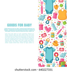 Set of design templates for vertical banners with childhood's patterns. Newborn staff for decorating flyers. Clothes, toys, accessories for babies. Square poster with infant item. Vector.