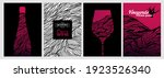 Set of design templates with wine glass and bottle illustration. Creative and artistic background texture with lines that simulate the skin of a grape vine. Elegant tone. Vector hand drawing.