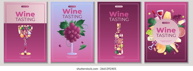 A set of design templates for wine tasting. Wine glass, bottle, grapes, corkscrew, cheese. The concept of a winery, restaurant. Isolated vector illustration of A4 format for posters, banners, posters.