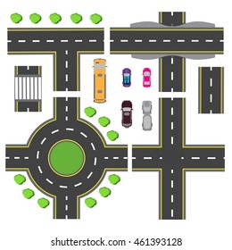 Set design for a transport node. The intersections of various roads. Roundabout Circulation. Transport. Vector illustration