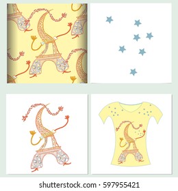 Set design t-shirt with Eiffel  tower in paris  on yellow Vector illustration