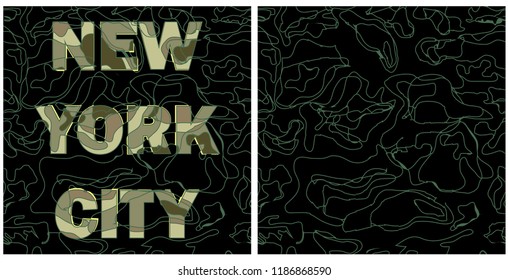 Set design t-shirts with camouflage texture on text and background. A typical New York style printing house with a slogan for printing a shirt. T-shirt graphic in street military style. Vector.