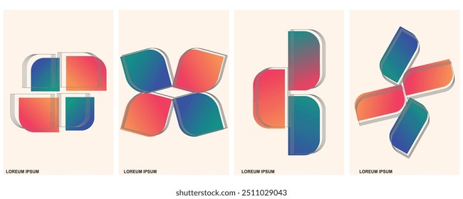 The set design is a unique square shape with curved edges, with gradient colors from yellow to pink and blue to green. Can be used as a logo or icon for an identity.