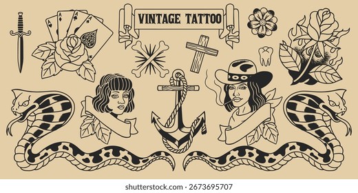 Definir Design de Vários Vintage Tatuagem Flash