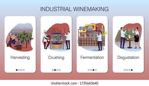 Set of design vector mobile app pages on theme industrial wine production. Stages of winemaking. Grape harvesting and crushing in masher. Fermentation and aging. Wine tasting in winery. Flat cartoon 