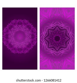 Set of Design Vintage Cards With Floral Mandala Pattern And Ornaments. Vector Template. Purple color. Islam, Arabic, Indian, Mexican Ottoman Motifs. Hand Drawn Background