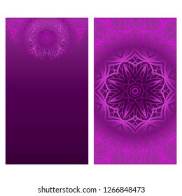 Set of Design Vintage Cards With Floral Mandala Pattern And Ornaments. Vector Template. Purple color. Islam, Arabic, Indian, Mexican Ottoman Motifs. Hand Drawn Background