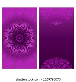 Set of Design Vintage Cards With Floral Mandala Pattern And Ornaments. Vector Template. Purple color. Islam, Arabic, Indian, Mexican Ottoman Motifs. Hand Drawn Background