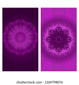 Set of Design Vintage Cards With Floral Mandala Pattern And Ornaments. Vector Template. Purple color. Islam, Arabic, Indian, Mexican Ottoman Motifs. Hand Drawn Background