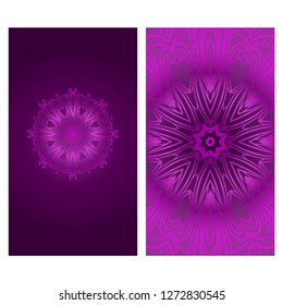 Set of Design Vintage Cards With Floral Mandala Pattern And Ornaments. Vector Template. Purple color. Islam, Arabic, Indian, Mexican Ottoman Motifs. Hand Drawn Background