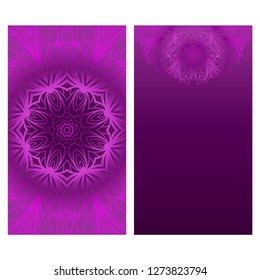 Set of Design Vintage Cards With Floral Mandala Pattern And Ornaments. Vector Template. Purple color. Islam, Arabic, Indian, Mexican Ottoman Motifs. Hand Drawn Background