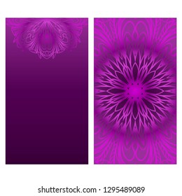 Set of Design Vintage Cards With Floral Mandala Pattern And Ornaments. Vector Template. Purple color. Islam, Arabic, Indian, Mexican Ottoman Motifs. Hand Drawn Background