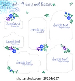 The set for design. Watercolor flowers and frames. Vector art.