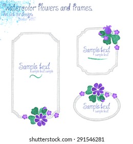 The set for design. Watercolor flowers and frames. Vector art.