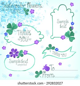 The set for design. Watercolor flowers and frames. Vector art.
