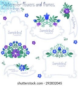 The set for design. Watercolor flowers and frames. Vector art.