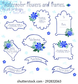 The set for design. Watercolor flowers and frames. Vector art.
