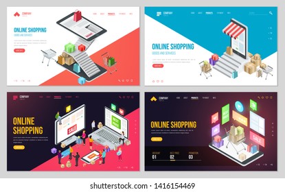 Set of design web site, landing page or presentation template. Minimal modern concept for online shopping, e-commerce market. Isometric vector illustration.