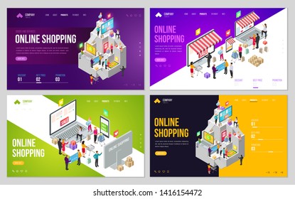Set of design web site, landing page or presentation template. Minimal modern concept for online shopping, e-commerce market. Isometric vector illustration.