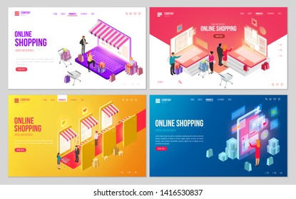 Set of design web site, landing page or presentation template. Minimal modern concept for online shopping, e-commerce market. Isometric vector illustration.