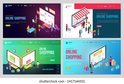 Set of design web site, landing page or presentation template. Minimal modern concept for online shopping, e-commerce market. Isometric vector illustration.